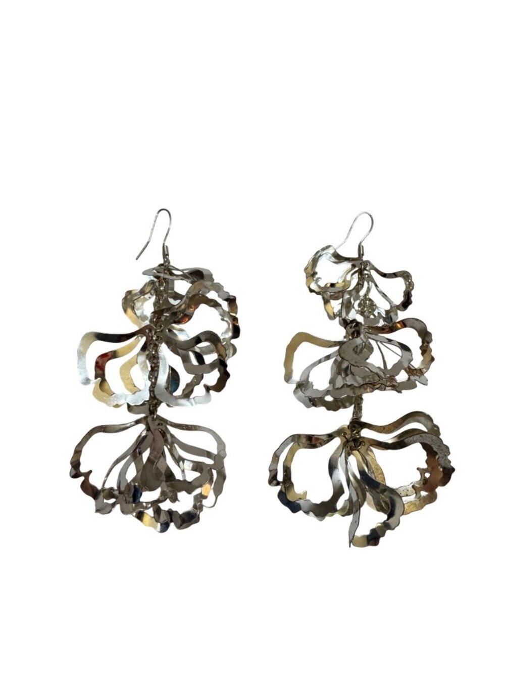 Silver Tiered Dangle Earrings Abstract Metal Cutout Pierced Hook Lightweight